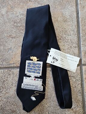 Vicky Davis Novelty Black Silk Tie with Computer & Cat Motif